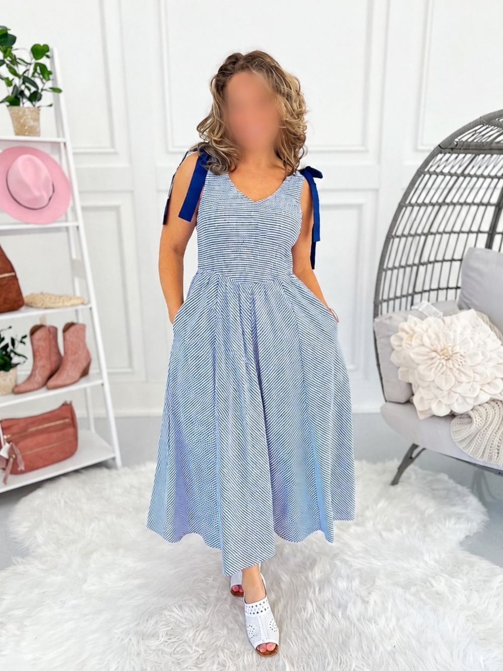 DAVI & DANI Light Blue Striped Midi Dress with Navy Tie-Straps
